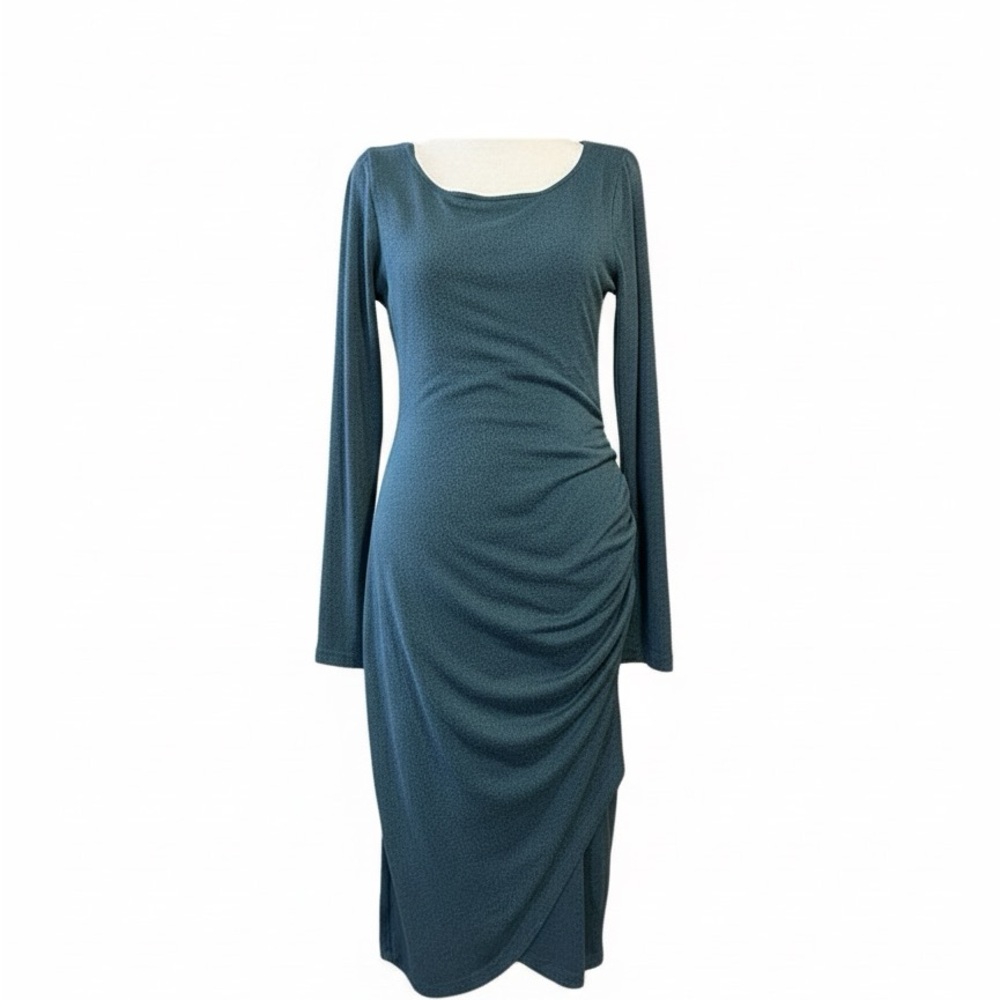 Jessica Simpson Teal Maternity Midi Dress Side Ruching Long Sleeve M Medium EUC!